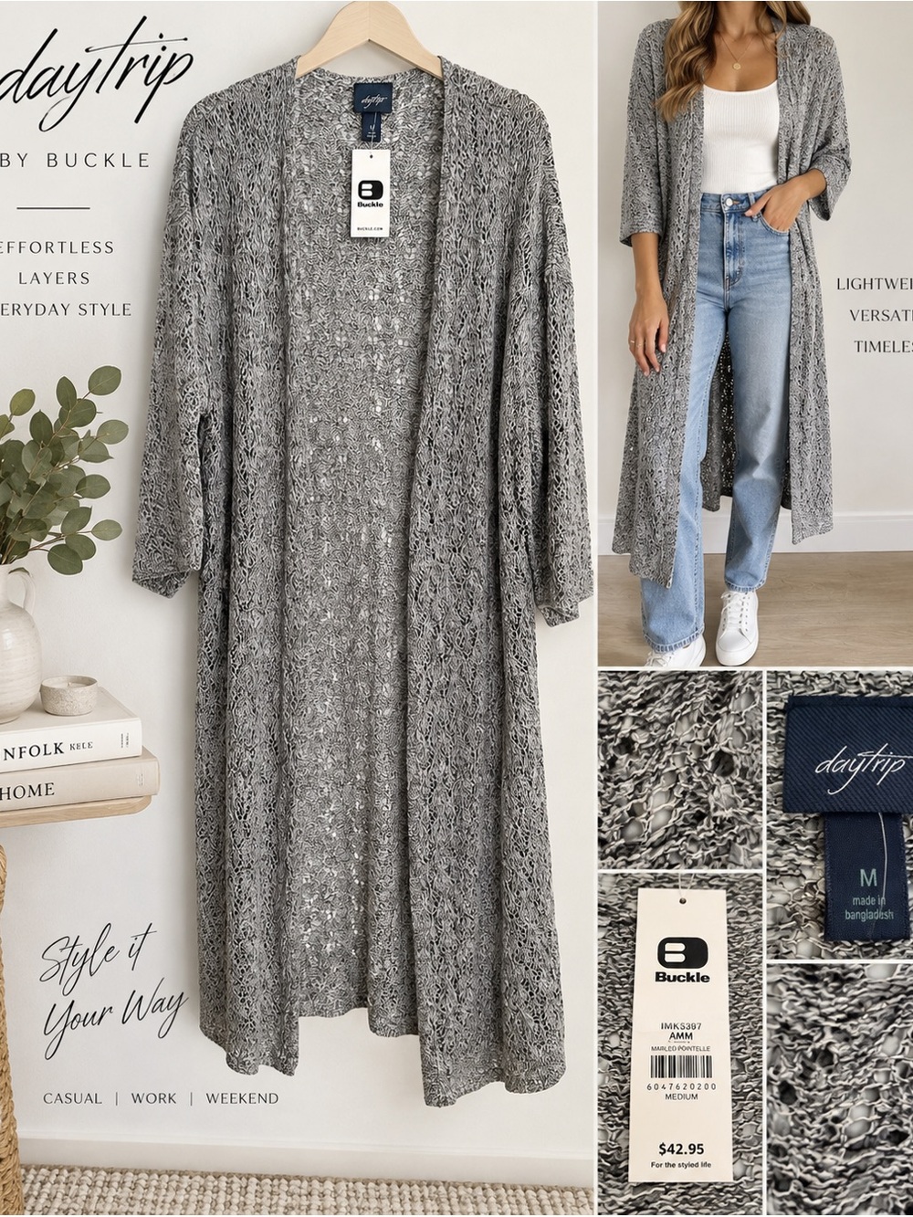 NWT Daytrip Buckle Marled Pointelle Long Duster Cardigan M